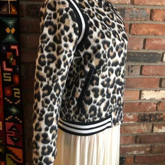Parker Faux Fur Fuzzy Leopard Print Bomber Jacket SMALL - Picture 2 of 4